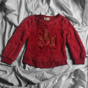 Btween Red Furry Unicorn Sweater for Girls